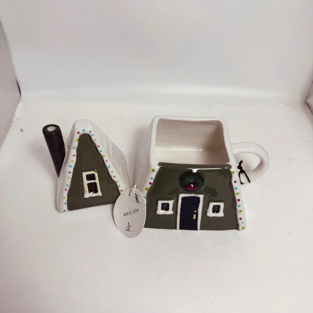 West Elm‎ A-Frame Cabin Mug with Lid Christmas Holiday Ceramic Cottage House New